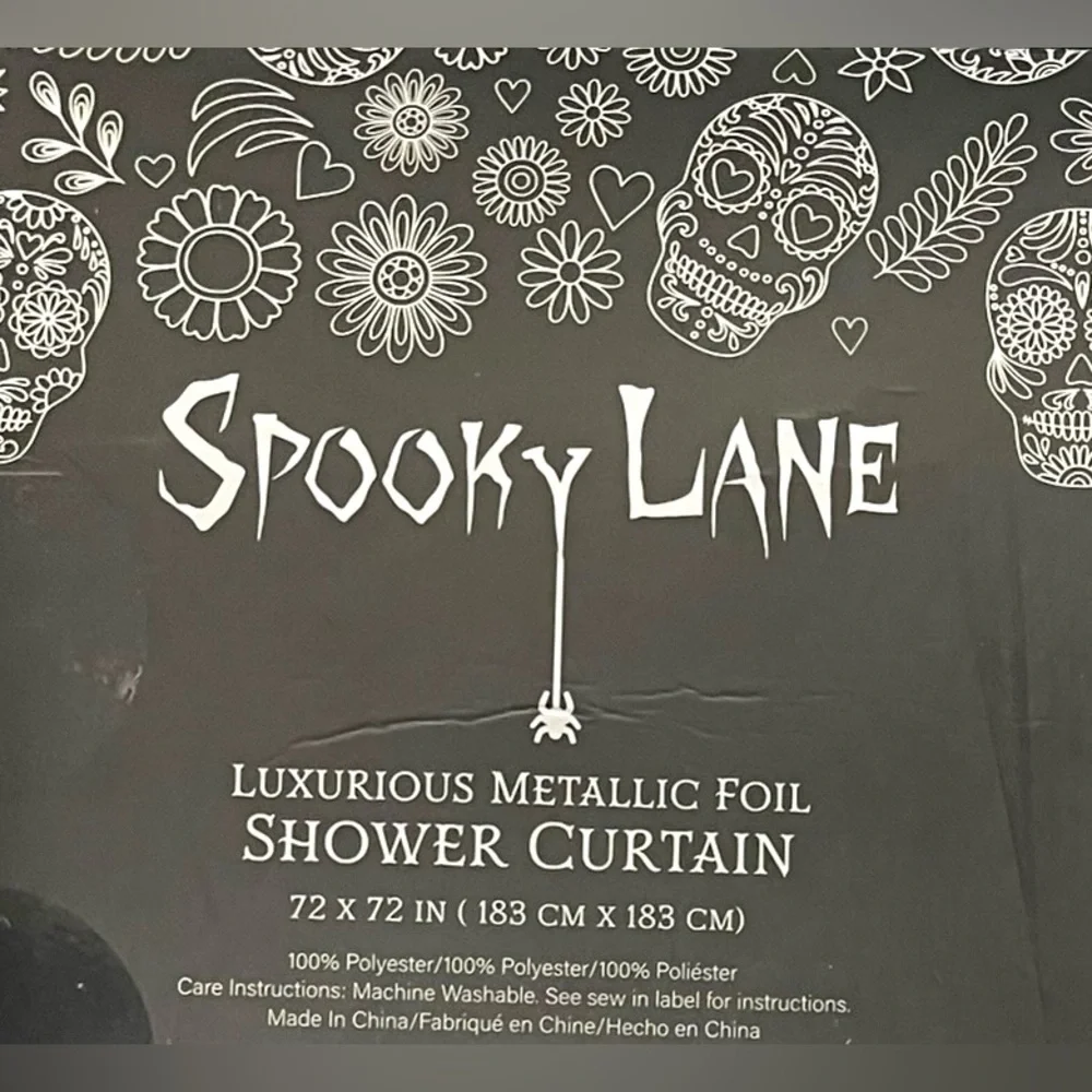 Halloween Sugar Skulls Black Metallic Silver Shower Curtain Goth Spooky NEW NWT